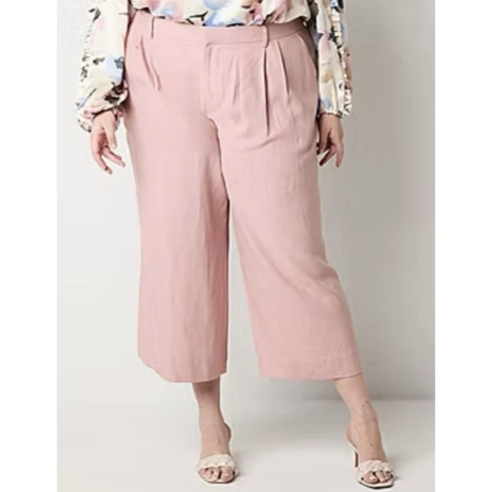 Ryegrass‎ Women's Zephyr Pink Wide Leg Cropped Pants High Rise Linen Blend